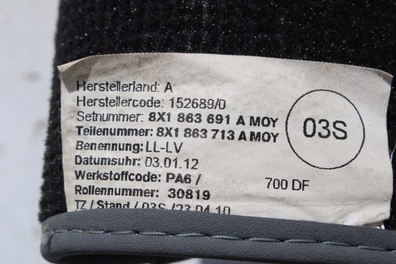 AUDI A1 DYWANIKI PODŁOGI WYCIERACZKI 8X1863691A 8X1 863 691 A MOY 8X1863691 8X0864450 8X0863724 8X1863691A 8X1863713 8X1863714