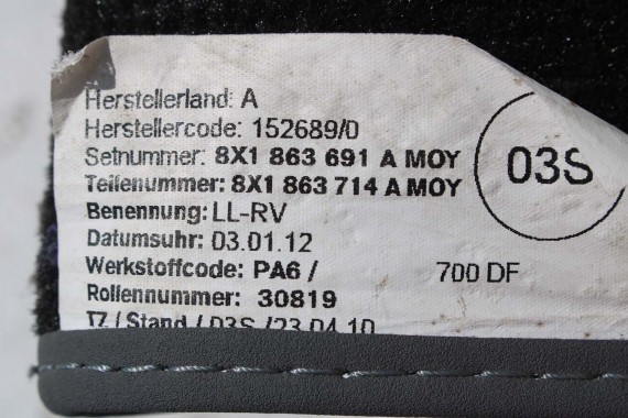 AUDI A1 DYWANIKI PODŁOGI WYCIERACZKI 8X1863691A 8X1 863 691 A MOY 8X1863691 8X0864450 8X0863724 8X1863691A 8X1863713 8X1863714