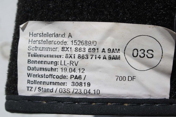 AUDI A1 DYWANIKI PODŁOGI WYCIERACZKI 8X1863691A 8X1 863 691 A 9AM 8X1863691 8X0864450 8X0863724 8X1863691A 8X1863713 8X1863714