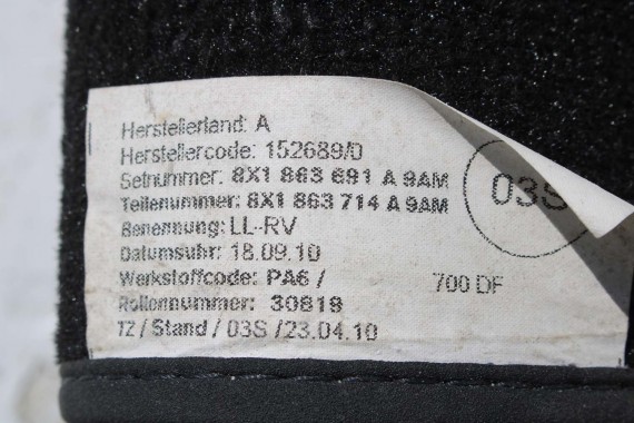AUDI A1 DYWANIKI PODŁOGI WYCIERACZKI 8X1863691A 8X1 863 691 A 9AM 8X1863691 8X0864450 8X0863724 8X1863691A 8X1863713 8X1863714