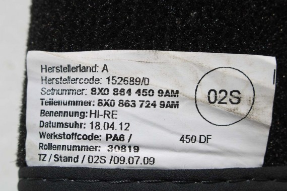 AUDI A1 DYWANIKI PODŁOGI WYCIERACZKI 8X1863691A 8X1 863 691 A 9AM 8X1863691 8X0864450 8X0863724 8X1863691A 8X1863713 8X1863714
