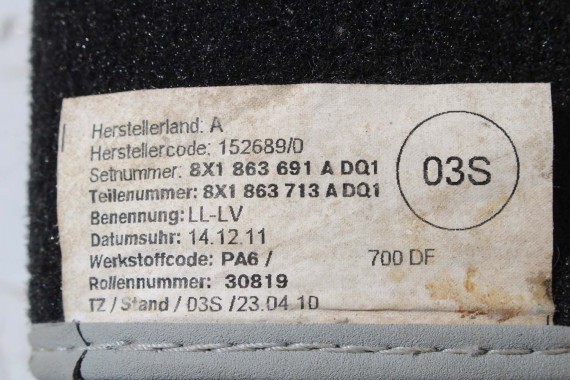 AUDI A1 DYWANIKI PODŁOGI WYCIERACZKI 8X1863691A 8X1 863 691 A DQ1 8X1863691 8X0864450 8X0863724 8X1863691A 8X1863713 8X1863714