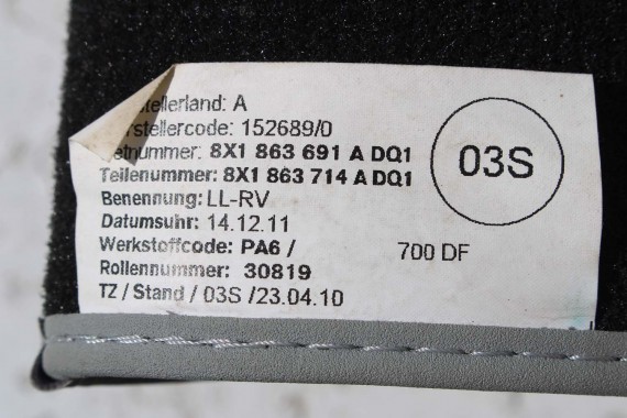 AUDI A1 DYWANIKI PODŁOGI WYCIERACZKI 8X1863691A 8X1 863 691 A DQ1 8X1863691 8X0864450 8X0863724 8X1863691A 8X1863713 8X1863714
