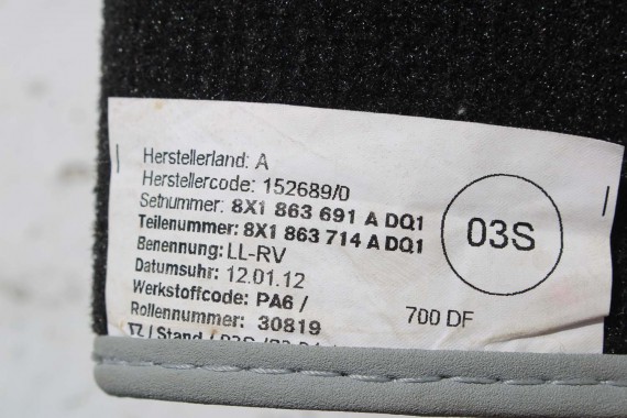 AUDI A1 DYWANIKI PODŁOGI WYCIERACZKI 8X1863691A 8X1 863 691 A DQ1 8X1863691 8X0864450 8X0863724 8X1863691A 8X1863713 8X1863714