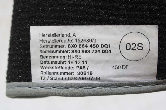 AUDI A1 DYWANIKI PODŁOGI WYCIERACZKI 8X1863691A 8X1 863 691 A DQ1 8X1863691 8X0864450 8X0863724 8X1863691A 8X1863713 8X1863714