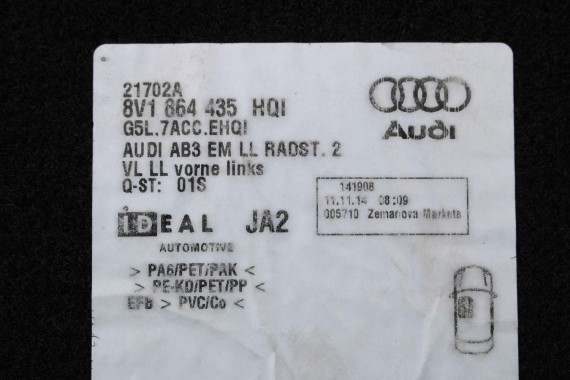 AUDI A3 SPORTBACK DYWANIKI PODŁOGI S-LINE 8V1863691 8V4864451C 8V4864452C 8V1864435C 8V1864436C 8V1864435 wycieraczki 8V1863691C