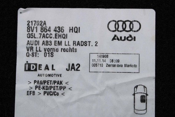 AUDI A3 SPORTBACK DYWANIKI PODŁOGI S-LINE 8V1863691 8V4864451C 8V4864452C 8V1864435C 8V1864436C 8V1864435 wycieraczki 8V1863691C