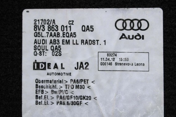 AUDI A3 DYWANIKI WYCIERACZKI PODŁOGI 8V1863691 8V3863011 dywanik QA5 czarny 8V3863011 8V1863691 8V1864435 8V1863436 8V3863011 8V