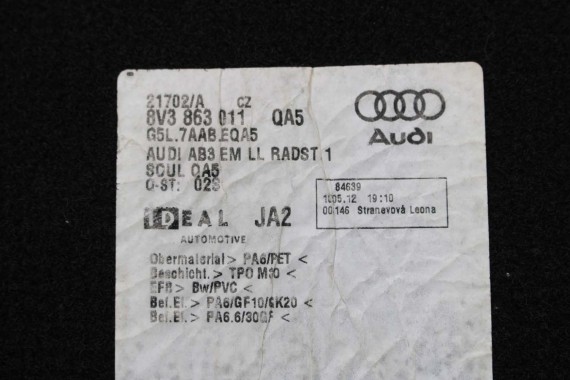 AUDI A3 DYWANIKI WYCIERACZKI PODŁOGI 8V1863691 8V3863011 dywanik QA5 czarny 8V3863011 8V1863691 8V1864435 8V1863436 8V3863011 8V