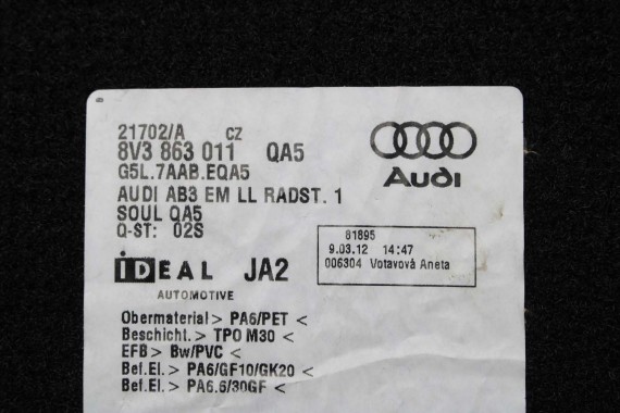 AUDI A3 DYWANIKI WYCIERACZKI PODŁOGI 8V1863691 8V3863011 dywanik QA5 czarny 8V3863011 8V1863691 8V1864435 8V1863436 8V3863011 8V