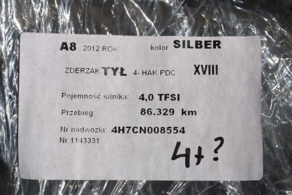 AUDI A8 LX7S 4H TYŁ ZDERZAK tylny + KLAPA BAGAŻNIKA D4 4H0 2010-14 Kolor: Y0Y0 Srebrny 4H0807511 4H0807521 4H0827023B 4H0827023