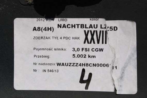 AUDI A8 LZ5D 4H D4 TYŁ ZDERZAK tylny + KLAPA BAGAŻNIKA 4H0 Kolor: 7X7X LZ5D błękit nocy 4H0807511 4H0807385 4H0807521 4H0827023