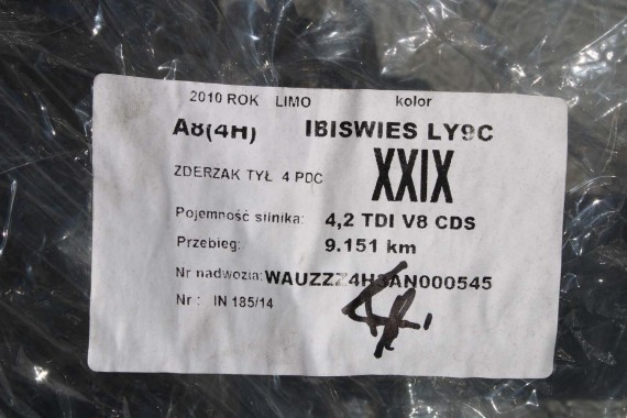 AUDI A8 4H D4 LY9C TYŁ ZDERZAK tylny + LAMPY KLAPA BAGAŻNIKA + LAMPY lampa ledy LED 4H 4H0 D4 Kolor: LY9C - biel ibisa KOMPLETNY