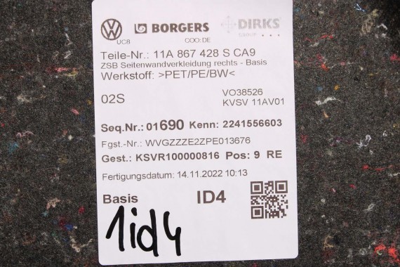 VW ID4 Pro BOCZEK DYWAN TAPICERKA BAGAŻNIKA 11A867427Q 11A867428S boczki bagażnik tapicerka 11A863463E 11A863459A 11A867428R