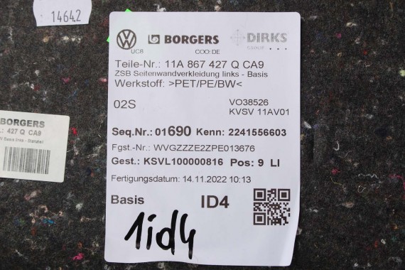 VW ID4 Pro BOCZEK DYWAN TAPICERKA BAGAŻNIKA 11A867427Q 11A867428S boczki bagażnik tapicerka 11A863463E 11A863459A 11A867428R