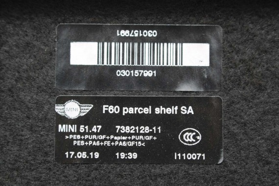 MINI COUNTRYMAN F60 PÓŁKA TYLNA TYŁ BAGAŻNIKA 7382128 7382128 czarna LCi 51477382128 7382128 51477382128 7382128 51477382128