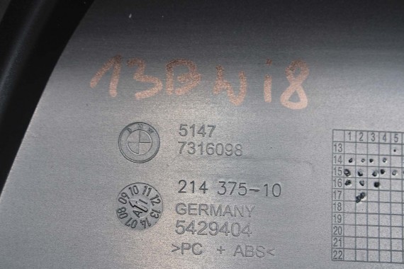 BMW i8 l12 PÓŁKA BAGAŻNIKA 7316098 514777316098  TYLNA TYŁ BAGAŻNIKA 7316098 czarna 7316098 osłona 7316098 51477316098 7316098