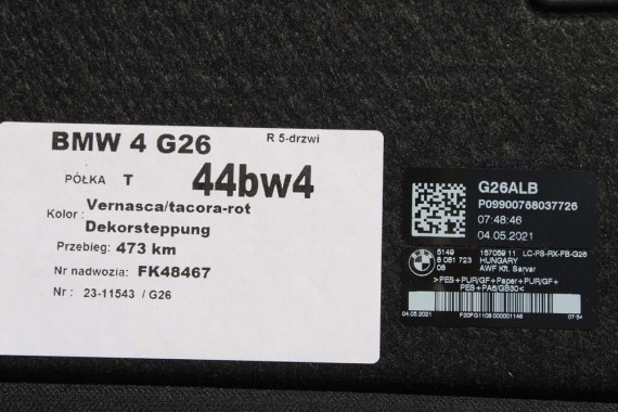 BMW 4 G26 PÓŁKA TYLNA TYŁ BAGAŻNIKA 8097877 8081723 9871082 czarna 8097877 i4 51478097877 51478081723 8081723 9871082 8081723