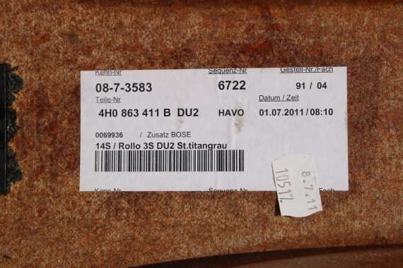 AUDI A8 TAPICERKA PÓŁKI TYLNEJ 4H0863411B półka tylna tył Kolor DU2 szary tytanowy 4H0863411B d4 4H0863411H 4H0863411B 4H0863411