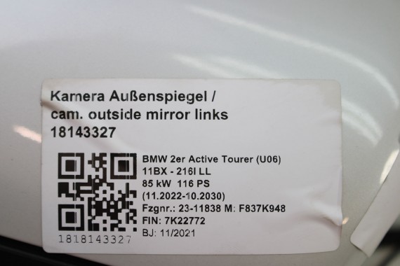 BMW 2 U06 LUSTERKO DRZWI LEWE 18 + 1 pin zewnętrzne 18 pinów + kamera kabli fotochrom Kolor A96 Biały ACTIVE TOURER
