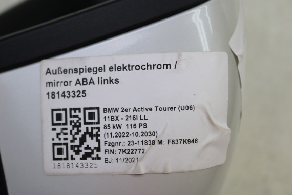 BMW 2 U06 LUSTERKO DRZWI LEWE 18 + 1 pin zewnętrzne 18 pinów + kamera kabli fotochrom Kolor A96 Biały ACTIVE TOURER
