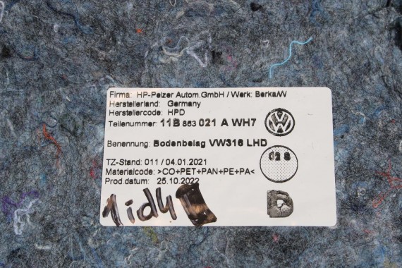 VW ID4 Pro WYKŁADZINA DYWAN PODŁOGI 11B863021A Kolor WH7czarny tapicerka 11B863021B 11B863021C 11B863021A 11B863021A 11B863021