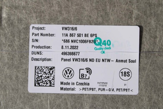VW ID4 Pro PODSUFITKA 11A867501BE TAPICERKA + słupki czarna 11A867233F 11A867234F 11A867243C 11A867244C 11A857551C 11A857552D
