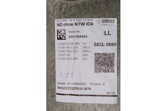 VW ID4 Pro PODSUFITKA 11A867501BE TAPICERKA + słupki czarna 11A867233F 11A867234F 11A867243C 11A867244C 11A857551C 11A857552D