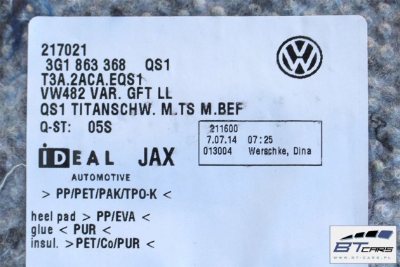 VW PASSAT B8 DYWAN PODŁOGI 3G1863368 3G1863368H QS1 - czarny tytanowy wykładzina podłoga tapicerka 3G1 863 368  H