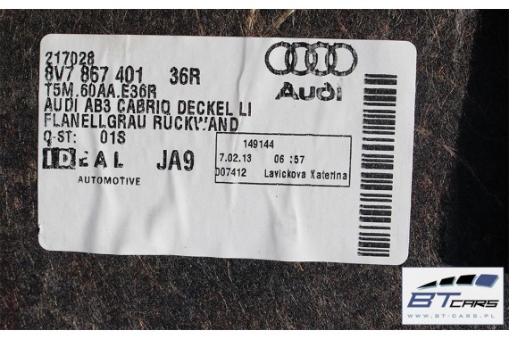 AUDI A3 CABRIO BOCZEK + DYWAN BAGAŻNIKA 8V7863880 8V7863697 8V7863697 8V7867401 8V7864407 8V7863471 8V boczki bagażnik pas 8V7