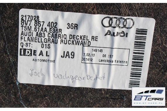 AUDI A3 CABRIO BOCZEK + DYWAN BAGAŻNIKA 8V7863880 8V7863697 8V7863697 8V7867401 8V7864407 8V7863471 8V boczki bagażnik pas 8V7