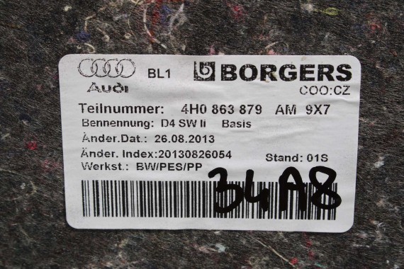 AUDI A8 BOCZEK DYWAN BAGAŻNIKA TAPICERKA 4H0863879AM 4H0863880AA 4H0863471 4H0863463G 4H D4 boczki bagażnik tapicerka 4H0863879