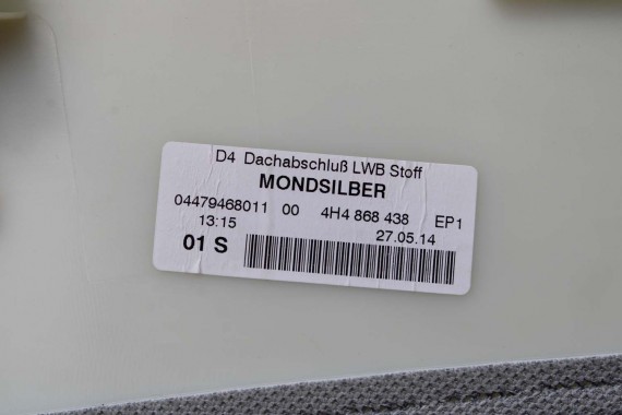 AUDI A8 LONG WYKOŃCZENIE PODSUFITKI 4H4868438 4H4 868 438 słupek 4H d4 poszycie górne EP1 srebrny 4H4868438 4H4868438 4H4868438