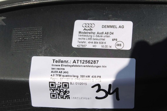AUDI A8 LISTWA PROGOWA 4H4864607K 4H4864608K WEWNĘTRZNA SŁUPEK C dolny PODŚWIETLANA 4H4864607Q 4H4864608Q 4H D4 6PS - soul czerń