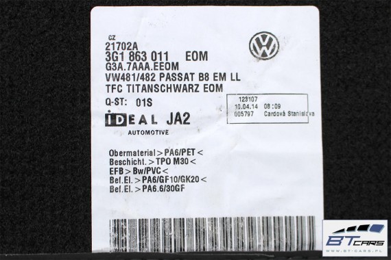 VW PASSAT B8 DYWANIKI PODŁOGI 3G1863011 wycieraczki 3G1 863 011 Kolor: EOM - czarny (titanschwarz)