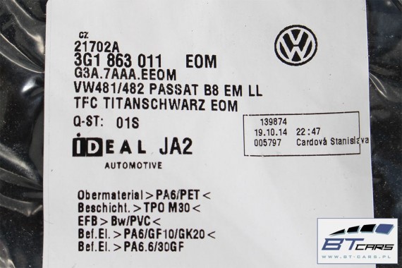 VW PASSAT B8 DYWANIKI PODŁOGI 3G1863011 wycieraczki 3G1 863 011 Kolor: EOM - czarny (titanschwarz)