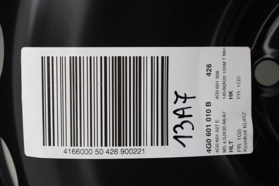 AUDI A6 A7 KOŁO DOJAZDOWE 20 DOJAZDÓWKA ZAPAS 4G0601027E 4,5J*20H2 ET22 HANKOOK S300 145/60/20 105M 4G0 601 027 4G8 4G0601010B