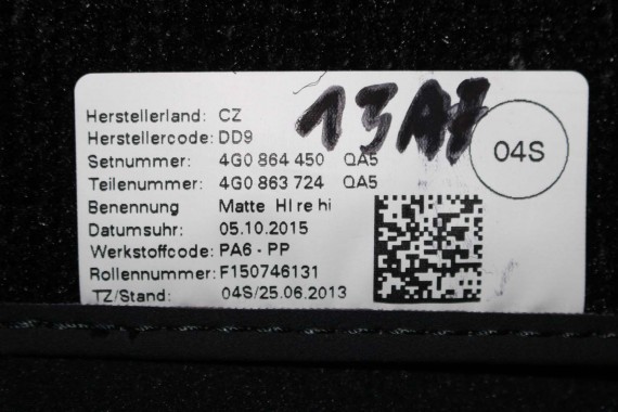 AUDI A6 A7 FL DYWANIKI PODŁOGI 4G1863691D 4G0864450B wycieraczki 4G0863723 4G0863724 4G1863713 4G1863714 'QA5' czarny soul) LIFT