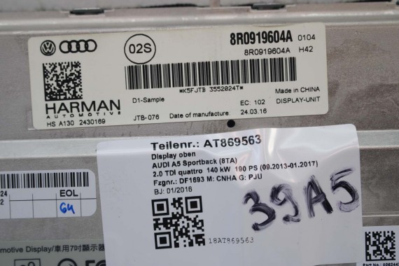 AUDI A4 A5 Q5 A6 Q7 MONITOR LCD MMI 8R0919604A 8R0 919 604 ekran wyświetlacz 8R0919604 8F0919604 4F0919604 8R0919604A 8R0919604