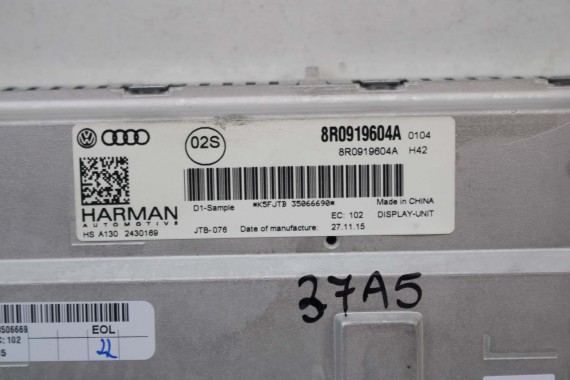 AUDI A4 A5 Q5 A6 Q7 MONITOR LCD MMI 8R0919604A 8R0 919 604 ekran wyświetlacz 8R0919604 8F0919604 4F0919604 8R0919604A 8R0919604