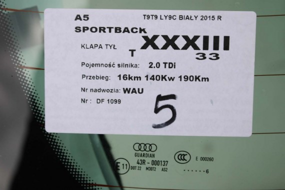 AUDI A5 SPORTBACK TYŁ ZDERZAK tylny + KLAPA BAGAŻNIKA 8T T9T9 LY9C S-LINE 8K0971104AF 8T8807067B 8T8807067C 8T8807511G 8T8827025