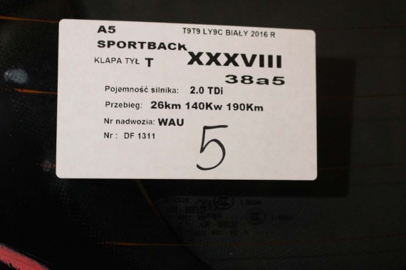 AUDI A5 SPORTBACK TYŁ ZDERZAK tylny + KLAPA BAGAŻNIKA 8T T9T9 LY9C S-LINE 8T8807521G 8T8807067B 8T8807067C 8T8807511G 8T8827025