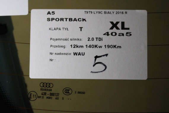 AUDI A5 SPORTBACK TYŁ ZDERZAK tylny + KLAPA BAGAŻNIKA 8T T9T9 LY9C S-LINE 8T8807521G 8T8807067B 8T8807067C 8T8807511G 8T8827025