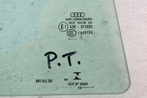 AUDI A4 SEDAN SZYBA DRZWI PRAWE 8W5845206 tył  8W5 845 206 prawa tylna kolor E1 zielony drzwiowa rok produkcji 2014 8W5845206