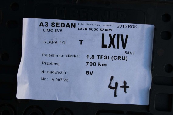 AUDI A3 SEDAN KLAPA TYŁ BAGAŻNIKA 0C0C LX7R szary Monsungrau 8V5827025 8V5827025D 8V5827025E 8V5827025F 8V5827025G 8V5 827 025