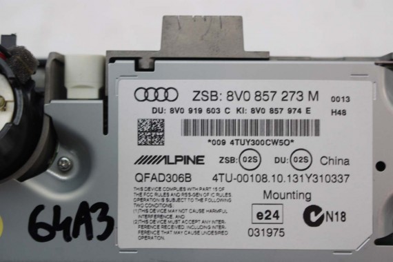 AUDI A3 ZESTAW MMI PANEL + MONITOR + CZYTNIK 8V0035844 8V0919603C 8V0919614B wyświetlacz ekran lcd 8V0035878 MIB Gen1 8V0035844