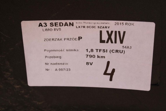 AUDI A3 SEDAN ZDERZAK PRZEDNI PRZÓD 8V5853651B 8V5807065 Kolor 0C0C LX7R szary 8V5807681 8V5807682 8V5853651 8V5807065 8V5853651
