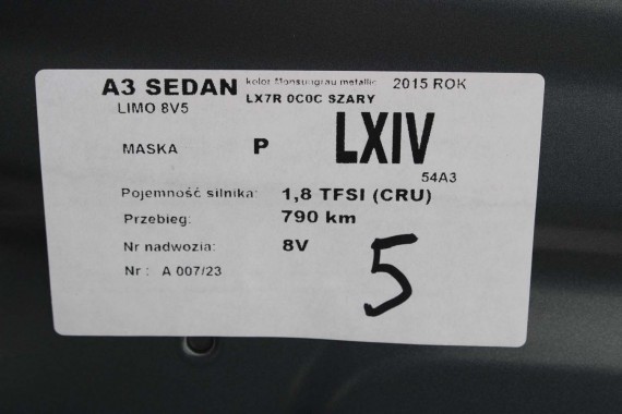 AUDI A3 SEDAN MASKA PRZEDNIA 8V5823029A 8V5 823 029 A 8V5823029A PRZÓD Kolor 0C0C LX7R szary 8V5823029A 8V5823029A 8V5823029