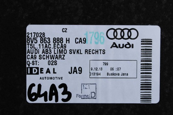 AUDI A3 SEDAN BAGAŻNIK PODŁOGA + BOCZEK 8V5863887R 8V5863888H 8V5863463C boczki tapicerki 8V5863887S 8V5863888K 8V5863463G 8V