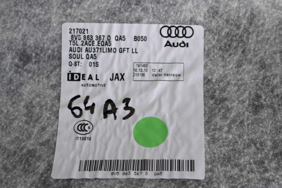 AUDI A3 SEDAN DYWAN WYKŁADZINA PODŁOGI 8V5863367D 8V5 863 367 tapicerka QA5 czarny 8V 8V5863367 8V5863367B 8V5863367C 8V5863367M